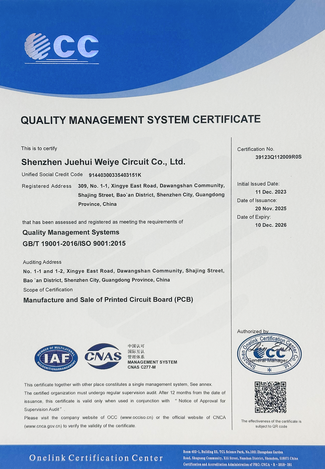Quality Management System Certificate